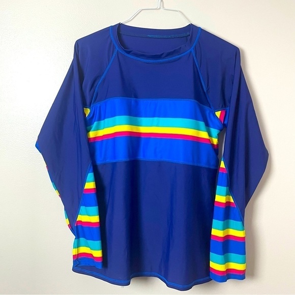 Long Sleeve Swim Shirt with Built-In Bra – Size 2XL – Blue & Rainbow - Picture 1 of 6